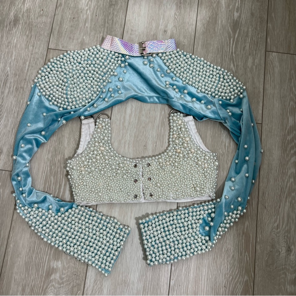 Jackalope Land Daydream Pearl Long Sleeve Baby Blue Iridescent Ultra Crop Top z0 - Picture 16 of 16